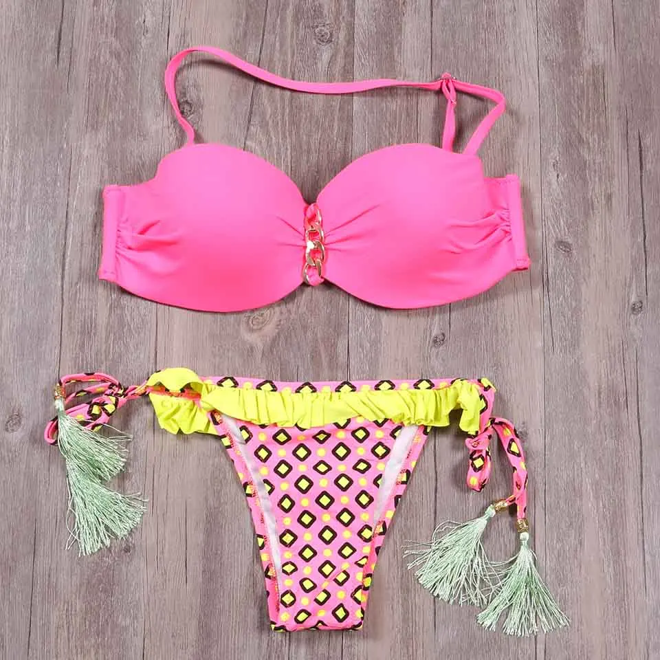 

KINGTUT 2019 New Sexy Push Up Bikini Set Brazilian Women Swimsuit Bandeau Floral Print Swimwear Top Beach Bathing Suit