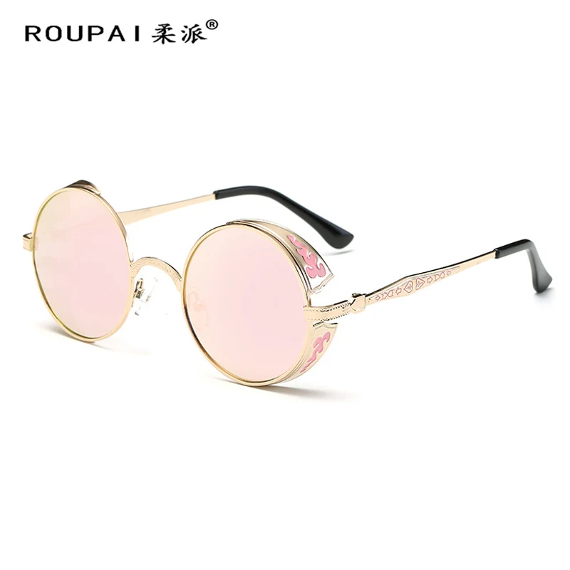 Women Men Reflective Sunglasses Retro Round Engraving Pattern Gold Gray ...