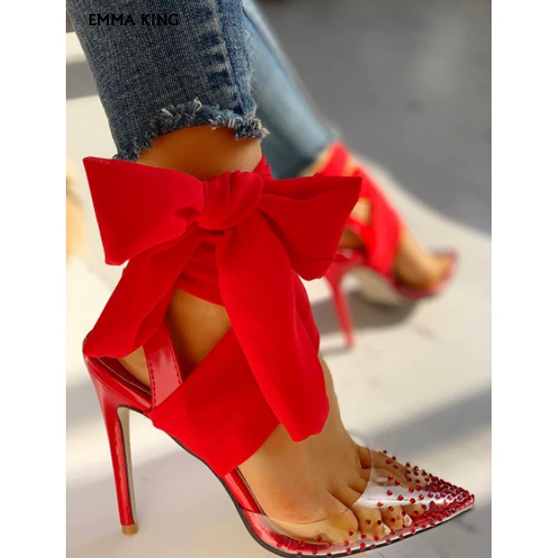 

New Arrival Spring/Autumn Wedding Party Dress Shoes Women Pointed Toe Pumps Beaded Transparent Bowknot Embellished Thin Heels