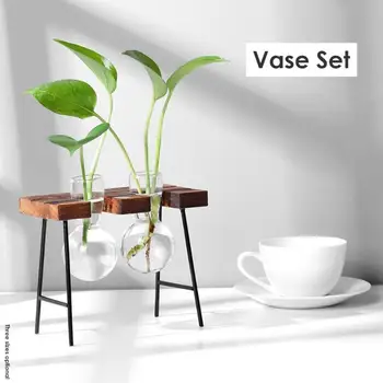 

Creative Wooden Frame Vase Hydroponic Plant Transparent Glass Container Stand Flower Pots Home Garden Decoration