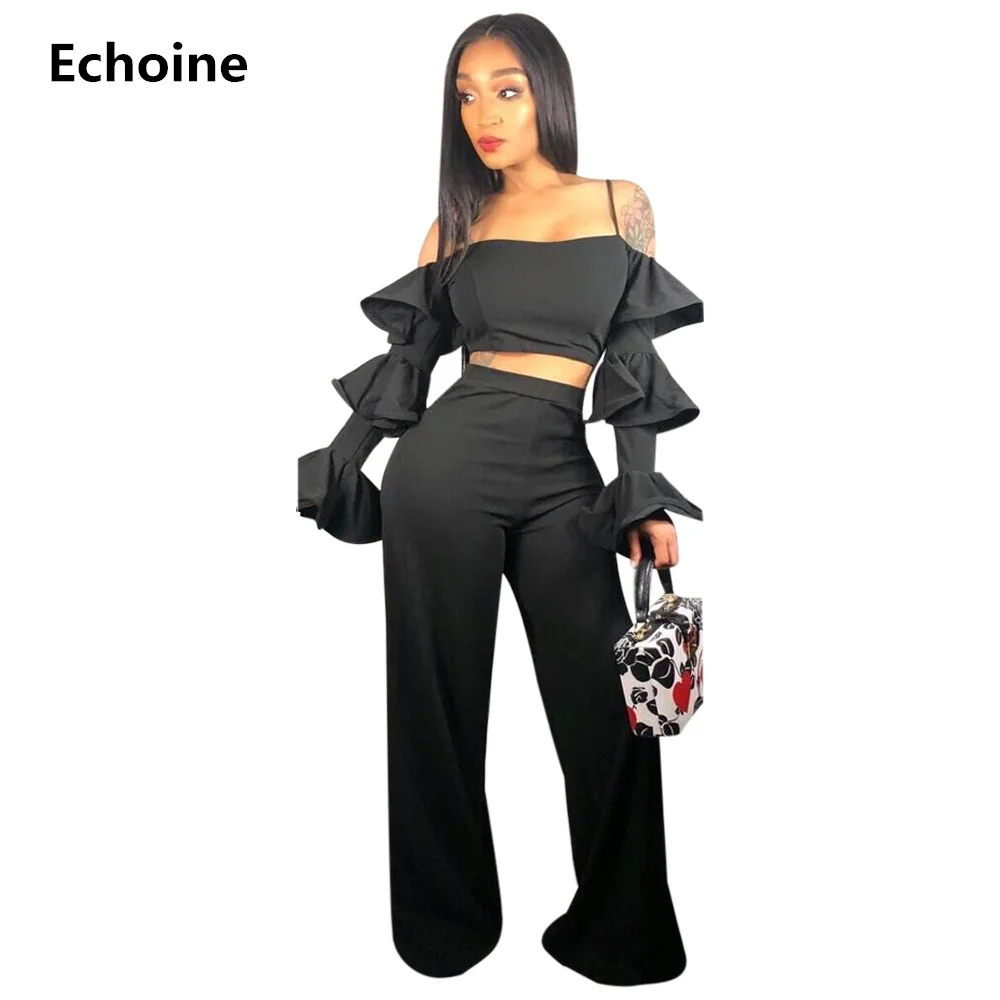 

Two Piece Set Crop Top And Pants Spaghetti Strap Tops Slash Neck Sexy Off-shoulder Tops Pants Set Club Outfit Elegant Party suit