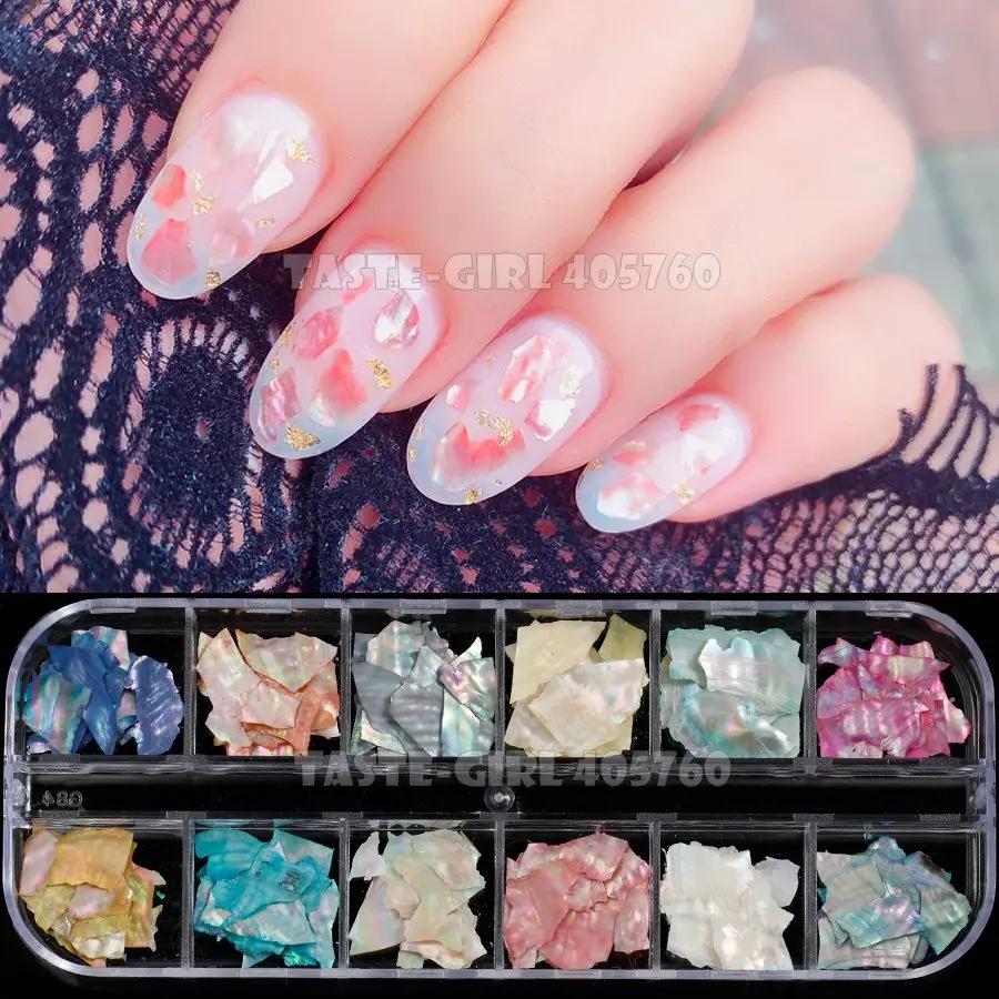 

12 Grids/Lot Colorful 3D Irregular Abalone Natural Sea Shell Fragments Texture Nail Art Sequins Decoration Slice DIY Tips CT30