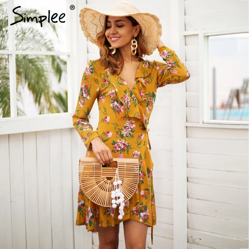 Simplee Ruffle print wrap dress women Sexy v neck mini dress long sleeve summer dress Robo femme streetwear beach vestidos 2018|long sleeve summer dress|summer dressmini dress - AliExpress