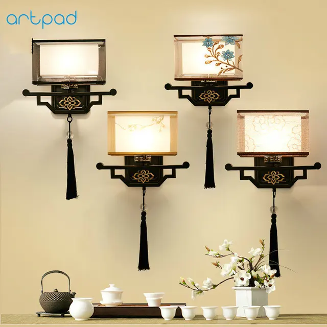 Artpad Traditional Chinese Vintage Bedside Lamp Embroidery Fabric Artpad Traditional Chinese Vintage Bedside Lamp Embroidery Fabric Shade Led E27 Metal Sconce Wall Lights