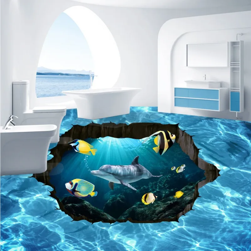 Free Shipping Blue HD 3D stereo underwater world floor wallpaper bathroom kitchen waterproof 