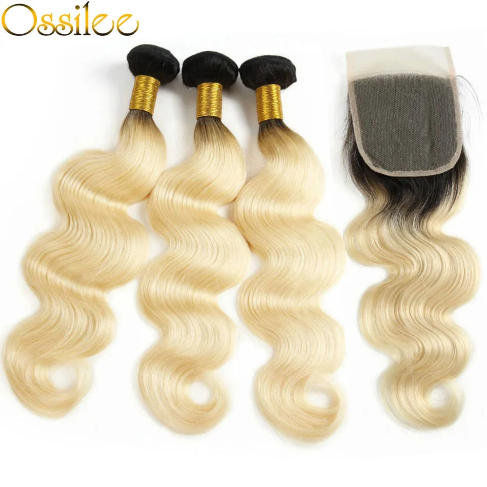 Ossilee 1b/613 блондинка Связки с закрытием объемная волна Малайзии волос 3 Связки с закрытием Remy натуральные волосы Связки с застежка