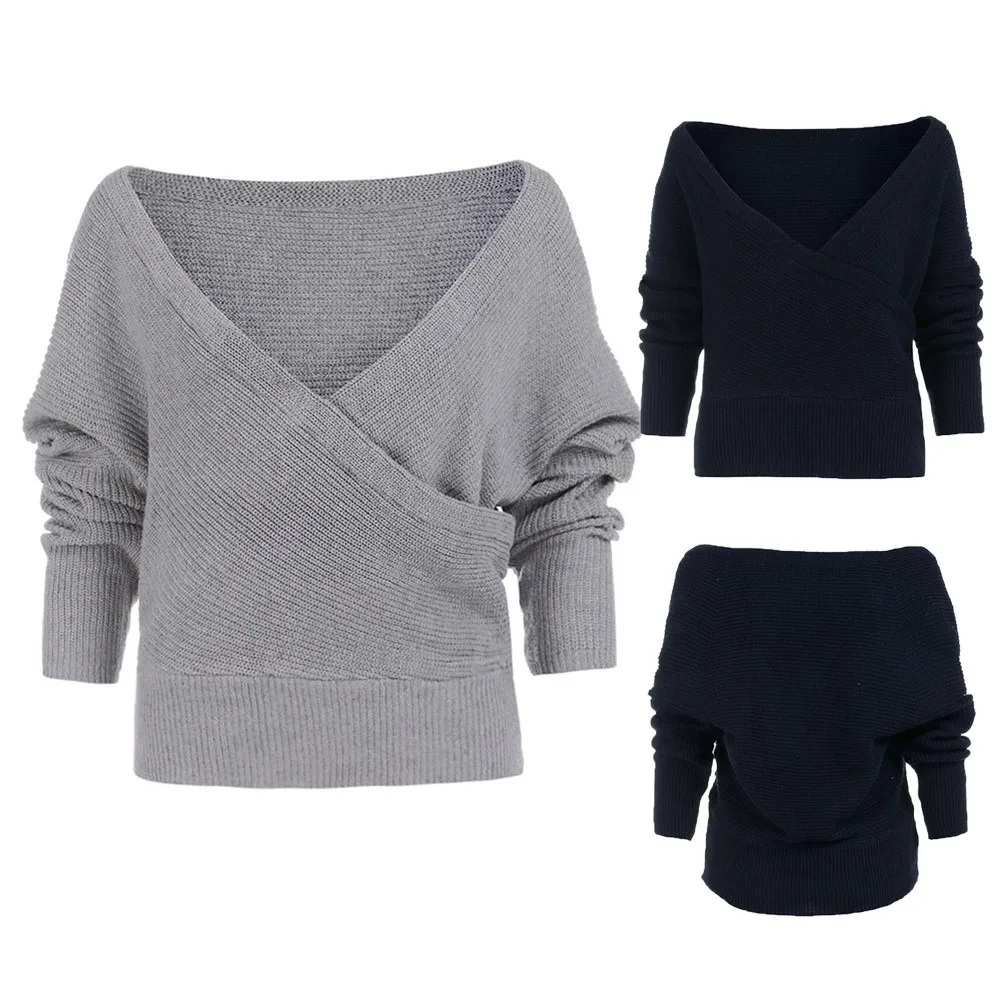 

Women's V-neck Long Sleeve Loose Pullovers Knitted Sweater Wrap Knitwear Sweaters