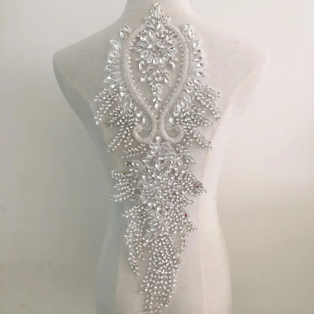 

1 piece Luxury full crystal beaded rhinestone applique for bridal bodice, wedding gown strpas belt and sash bodice applique