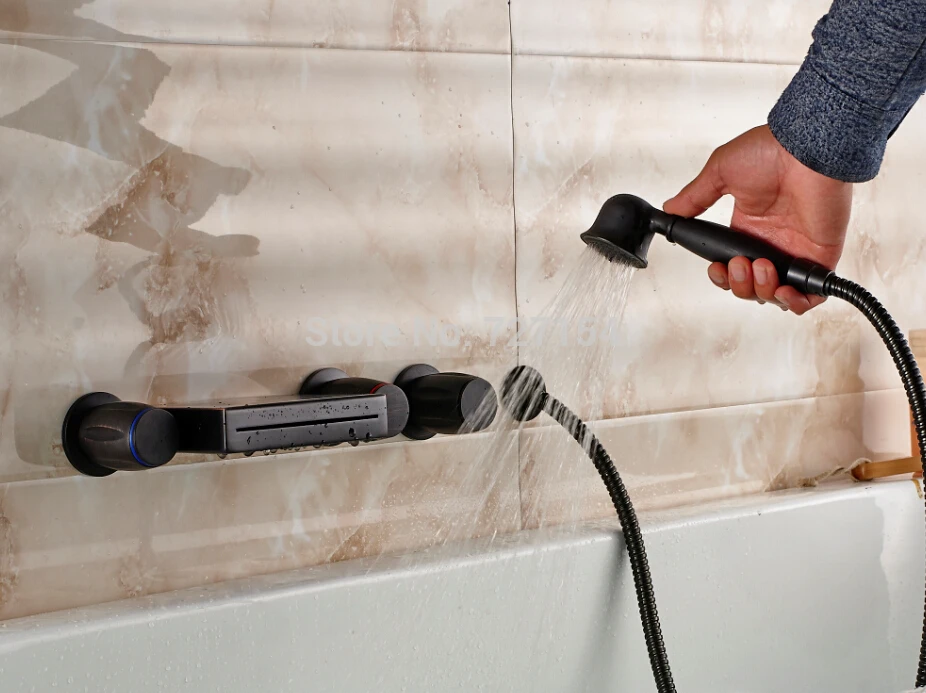 

Wall Mounted Wide Spread Spout Bathtub Faucet Oil Rubbed Bronze 3 Handles Mixer
