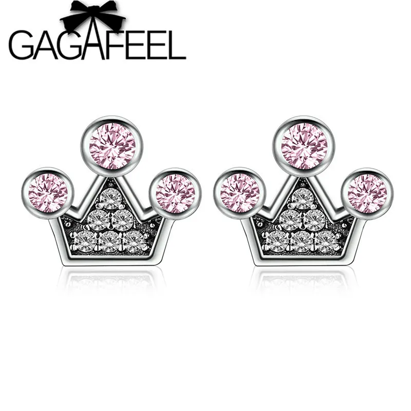 

GAGAFEEL Pink Crystals Princess Queen Crown Earring Studs Authentic 925 Sterling Silver Mountain Stud earrings Women DIY Jewelry