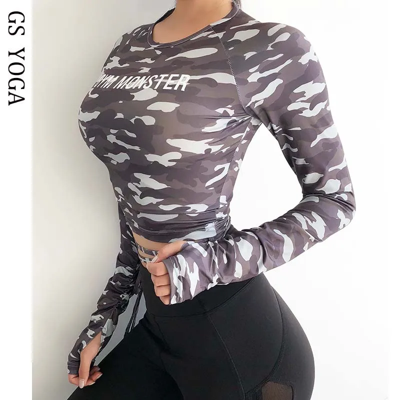 

Women Sexy Long Sleeve Crop Top fitness T-shirts camouflage Yoga shirt Gym Top Sexy sports T shirt Workout Running clothes