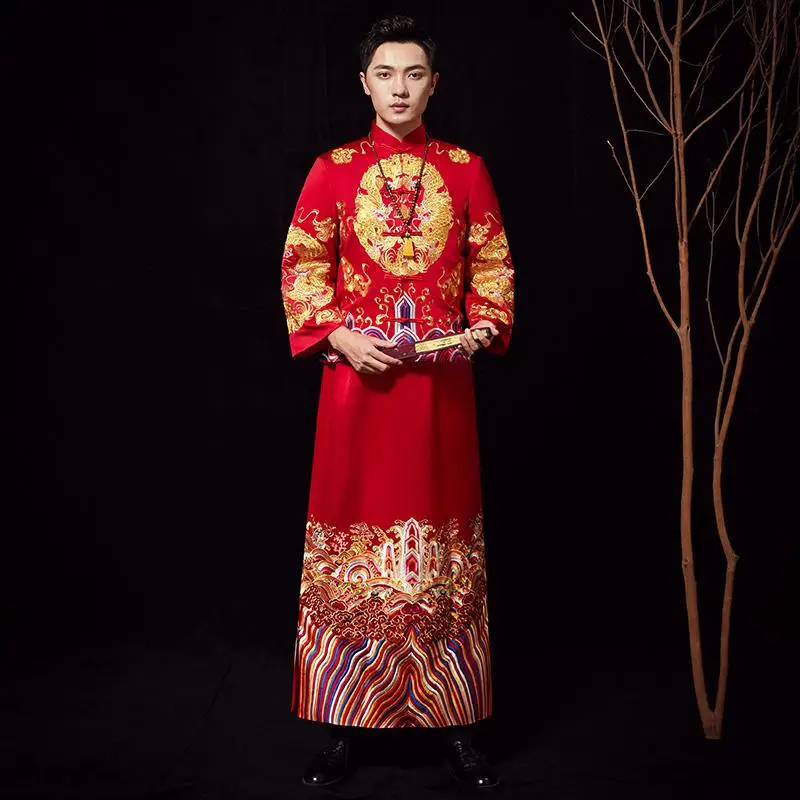 Зарубежный китайский жених свадебная одежда древний мужской вышитый дракон костюм для выступлений винтажное Мужское пальто+ халат свадебный костюм - Цвет: Style 2