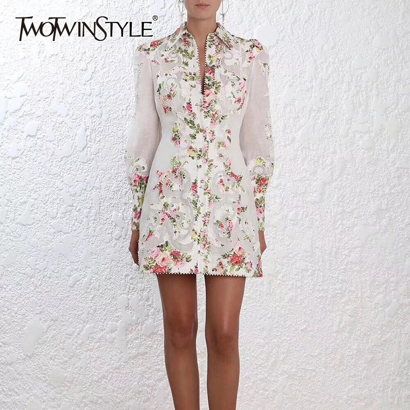 

TWOTWINSTYLE Flower Embroidery Dress For Women Lapel Collar Lantern Sleeve High Waist Mini Vintage Dresses Female 2019 New