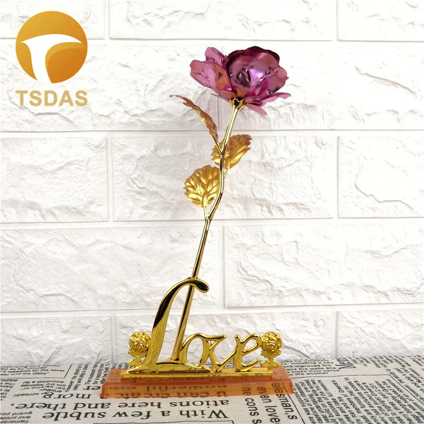 

24k Gold Foil Plated Rose With Love Base Home Decoration Pink Artificial Flower Creative Gift For Valentine's Day