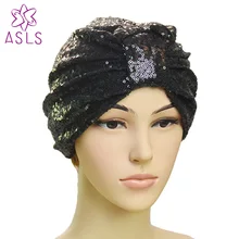 2018 nova moda elegante feminina lantejoulas headscarf caps envoltório cabeça turbante macio atada turbante gorro gorro para senhoras