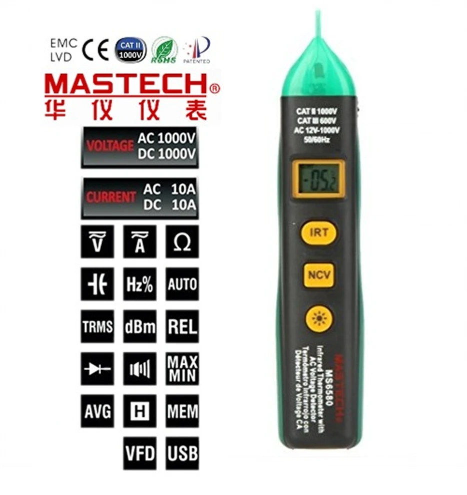 1pcs MASTECH MS6580 Pen Type Digital Infrared IR Laser Thermometer temperature meter with Non