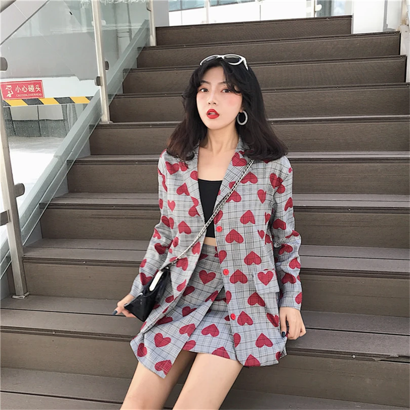 

TYHRU Ladies Elegant Retro Plaid Striped Suits Red Heart Pattern Single Breasted Commuter Suit Female OL 2 Pcs Sets