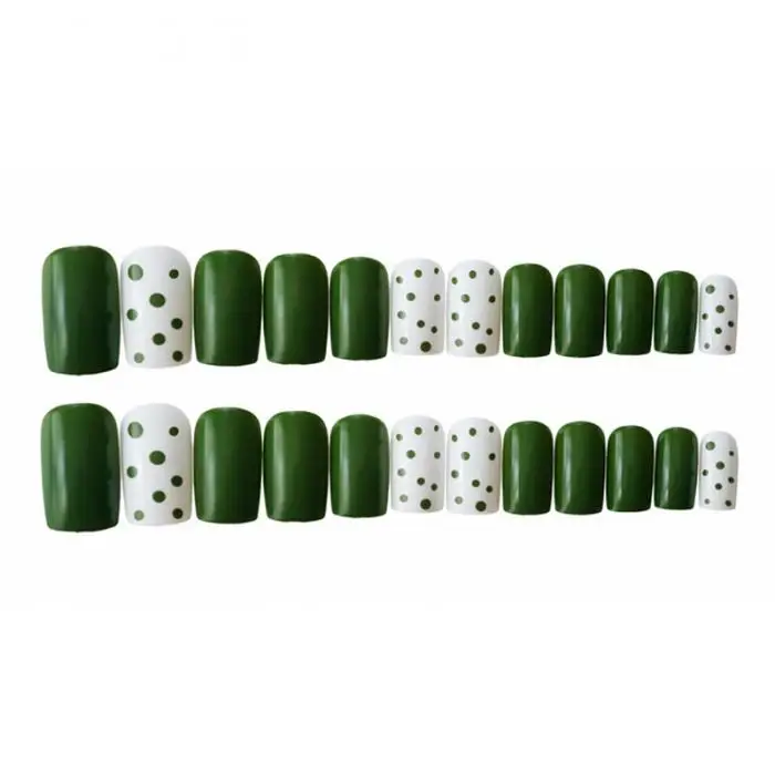 24 шт., милые накладные ногти для девочек с клеем, дизайн в зеленый горошек, одноцветные короткие искусственные ногти, полное покрытие, накладные ногти, искусственные ногти