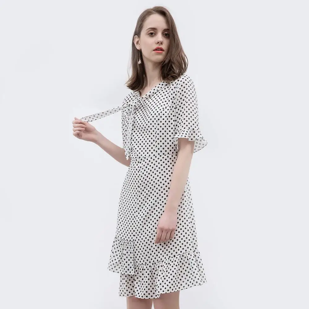  Xiaomi 10:07 elegant Fashion Bow Waist woman girl Polka dot V-neck Refreshing comfortable Female su