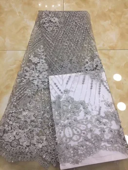 

Hot pani Africa fine lace fabric high quality French silver applique 3D beaded tulle lace fabric sequins dubai royal apparel(419