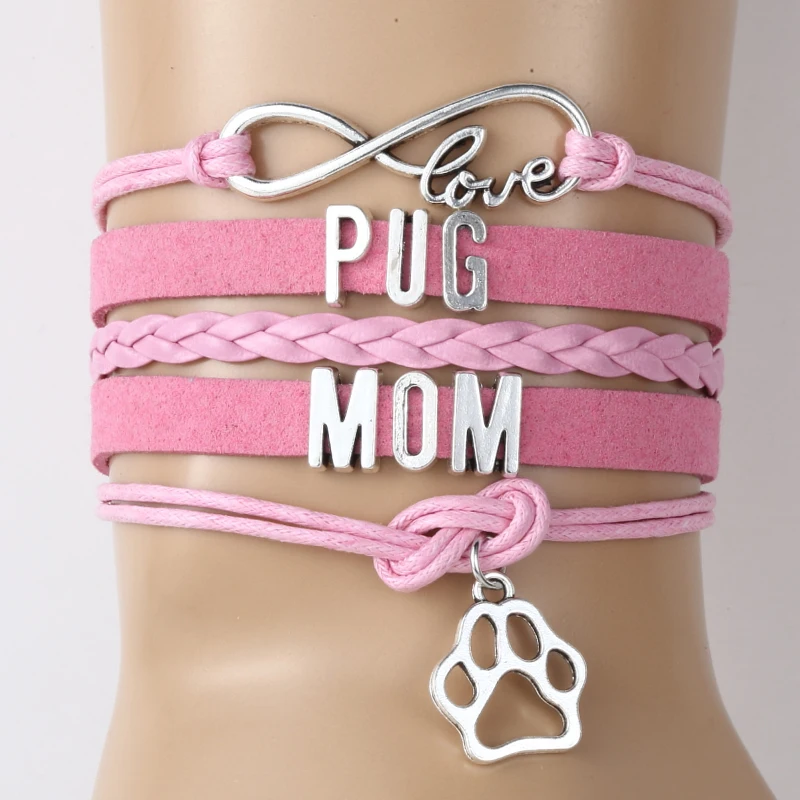 

NCRHGL Infinity Love PUG MOM Bracelets Bangles Dog Pet Paw Charm Braided Leather Bracelet For Women Men Lucky Jewelry Drop Ship