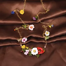 France Les Nereides Enamel Glaze Copper Romantic Fashion Various Flowers Women Long Necklace