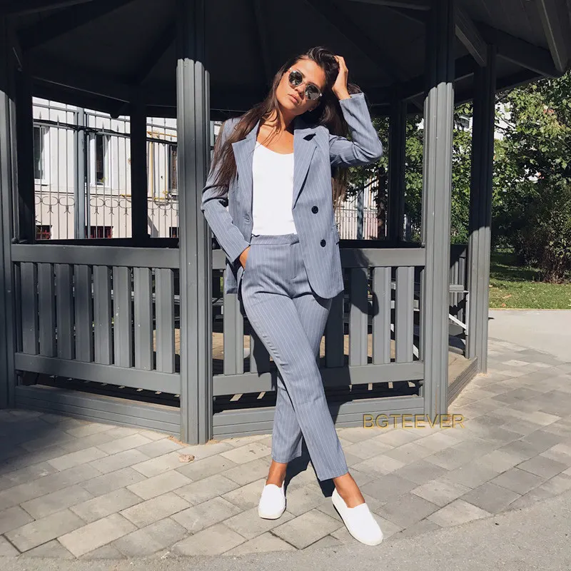 Work Pant Suits Ol 2 Piece Sets Double Breasted Striped Blazer Jacket &  Zipper Trousers Suit For Women Set Feminino Spring - Pant Suits - AliExpress