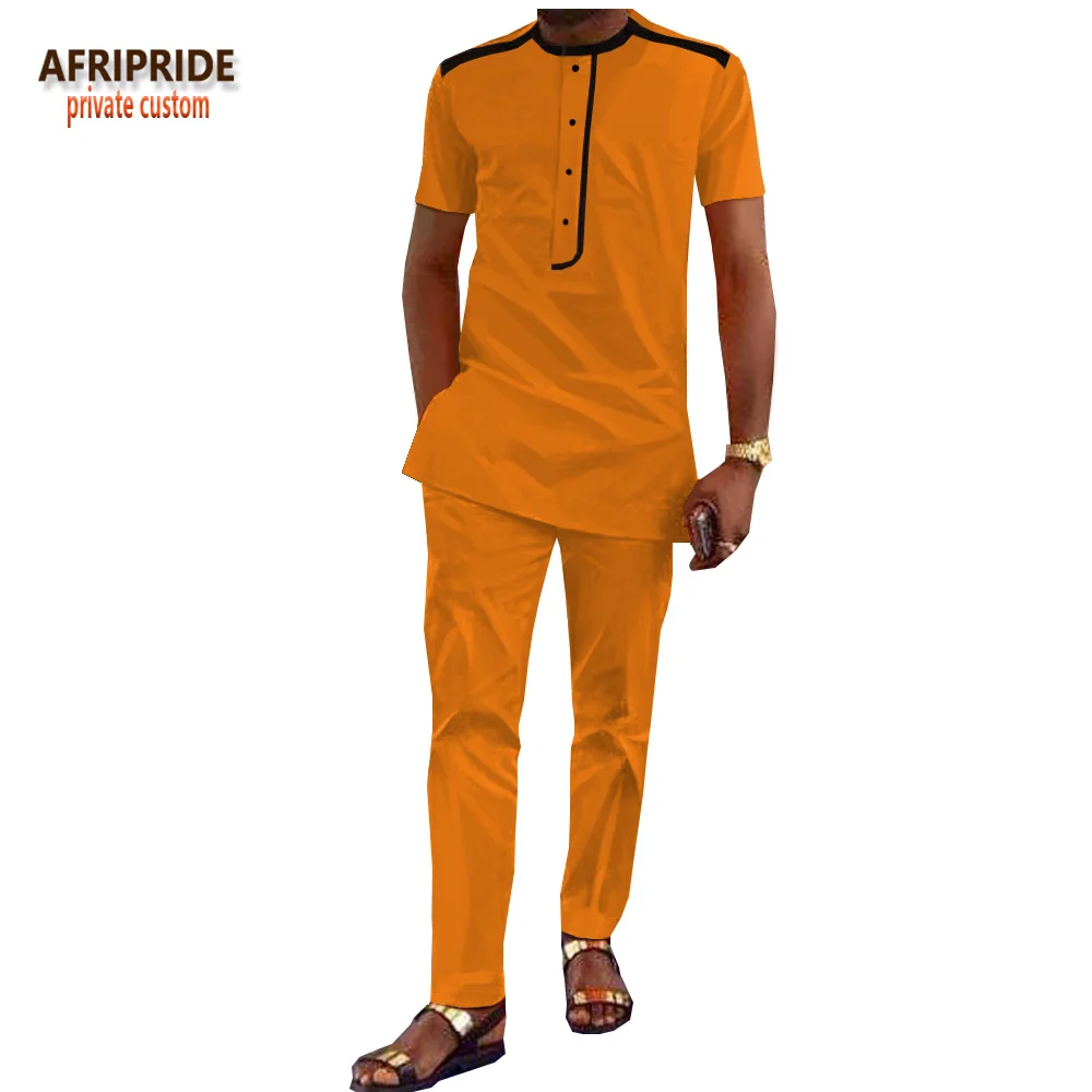 Африканский Анкара Стиль брюки набор для мужчин AFRIPRIDE Африканский принт короткий рукав однобортный мужской хлопок брюки набор A1816003 - Цвет: 9.1