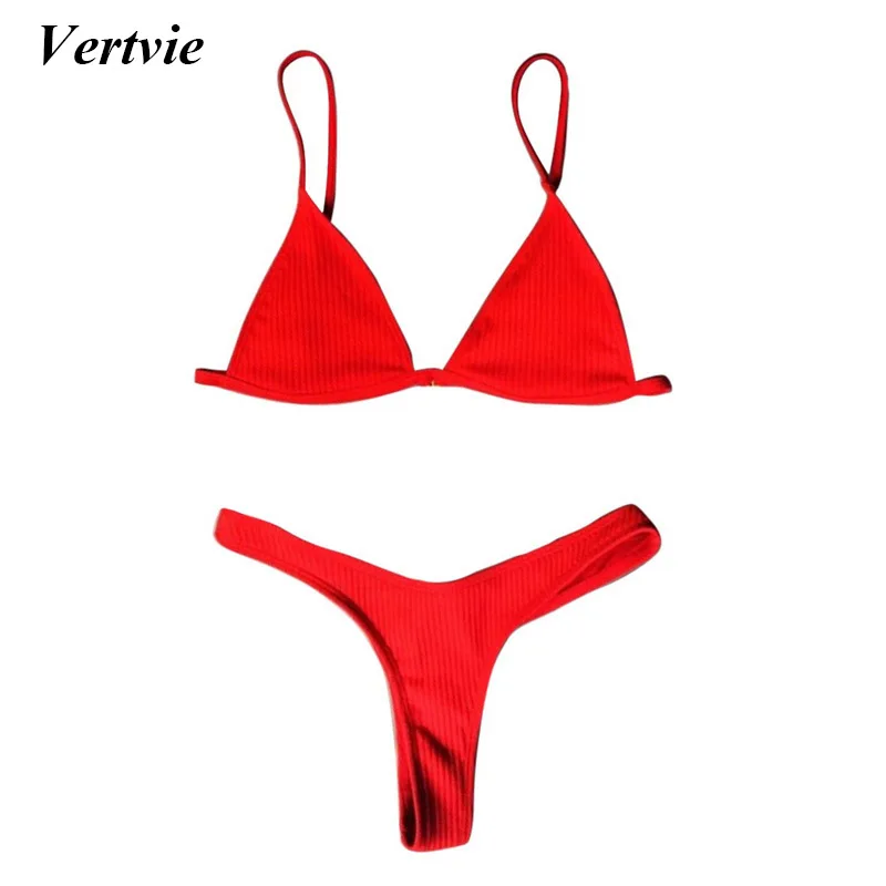 

Vertvie Brand Sexy Thong Swimsuit Women Halter Push Up Bikini Set 2018 Solid Summer Beach Swimwear Brazilian Bathing Suits Wear