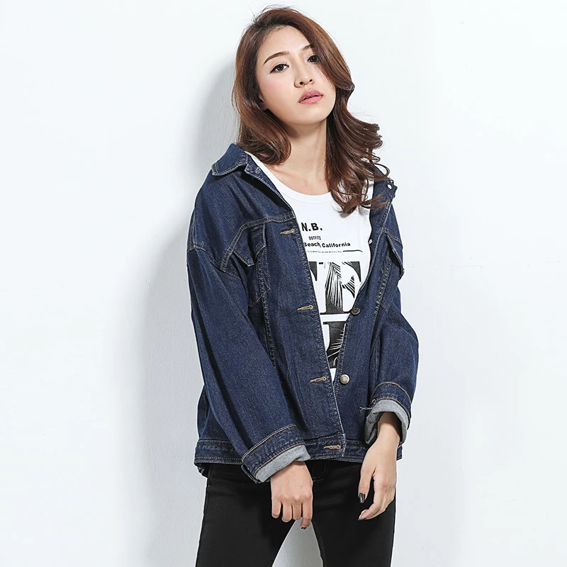 LEIJIJEANS 2018 Spring Plus Size Solid Vintage Blue Turn Down Collar Full Sleeves Standard Outwear Loose Women Denim Jacket 5630