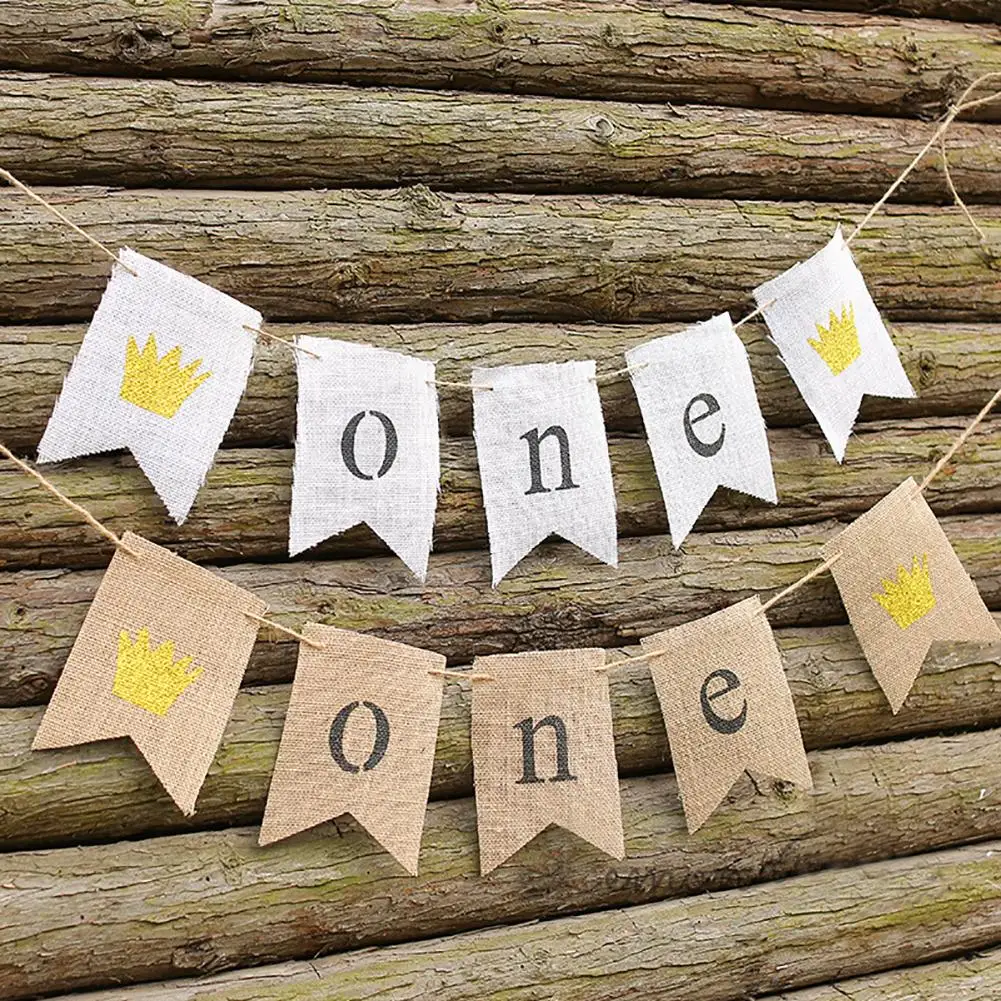 

Baby One Year Old Birthday Party Hanging Flag Banner Crown Bunting Decoration