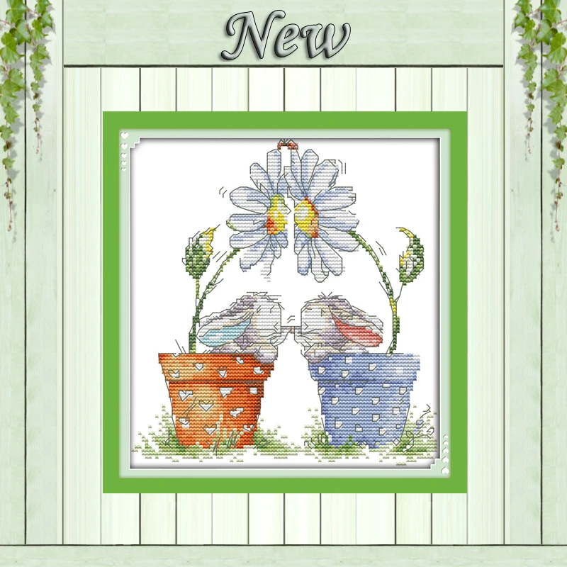 

Little rabbits in pot,counted print on canvas DMC 11CT 14CT Cross Stitch kit,needlework embroidering for Set,flowers Home Decor
