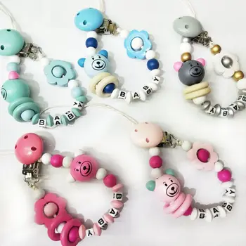 

Pacifier Clip Baby Nipple Holder Chain Bear Floral Beads Silicone Wood Soother Letter Anti Drop Infant Feeding Newborn Nursing