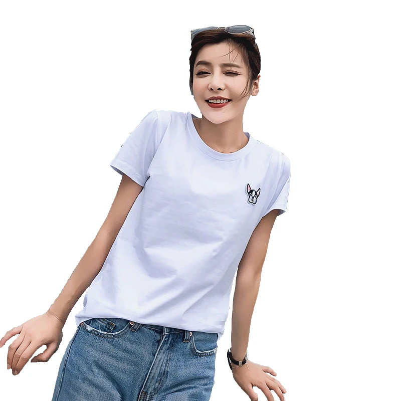 

AmberHeard 2019 Summer Korean Basic T-shirt Women Casual Ladies Puppy Embroidery Top Tshirt Fashion Slim Tshirt Women Clothing