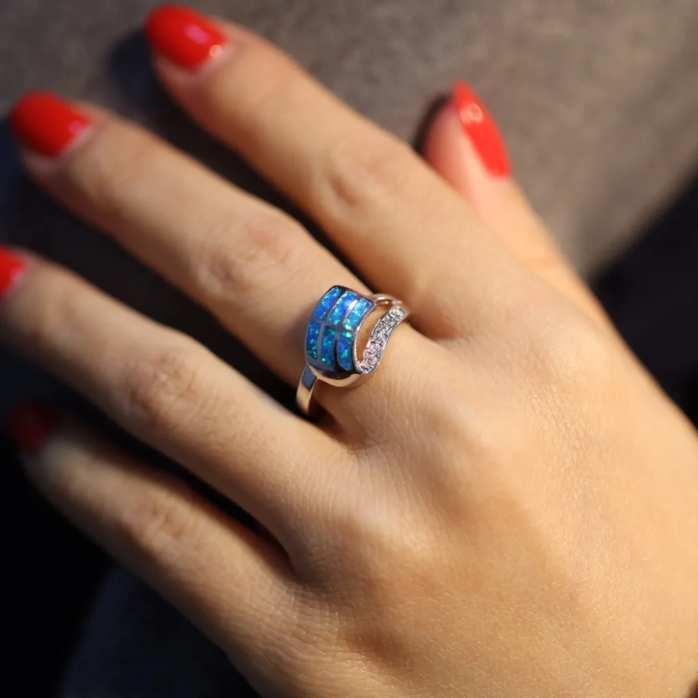 CiNily Created Blue Fire Opal Cubic Zirconia Silver Plated Wholesale for Women Jewelry Wedding Engagement Ring Size 6-9 OJ9304