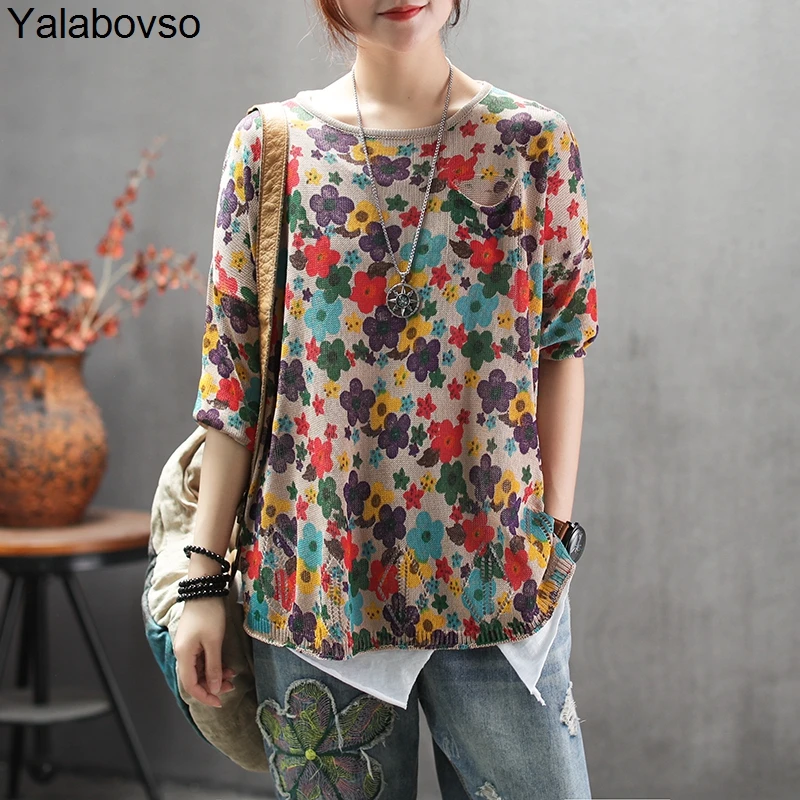 

Flower printing Knitted Tees Thin Cotton Linen T shirts for woman O neck Half sleeve cool Tops All Match T shirts A0BZ30