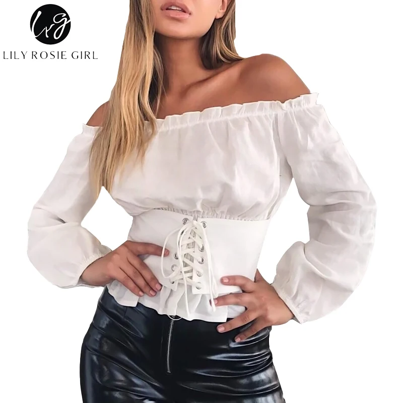 

Lily Rosie Girl Sexy Off Shoulder Black Short Women Blouse Autumn Beach Party Shirts Lantern Sleeve Slim Waist Tops Blouses