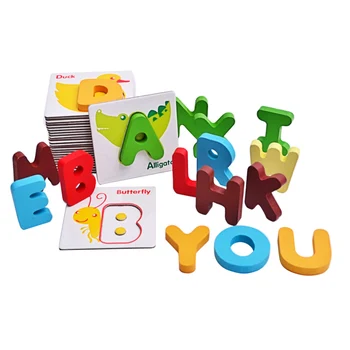

26 Pcs Kids Wooden Cartoon Animal Style Alphabet Cardboard Flash Cards Puzzle Education Toy Set with Storage Bag for Kids