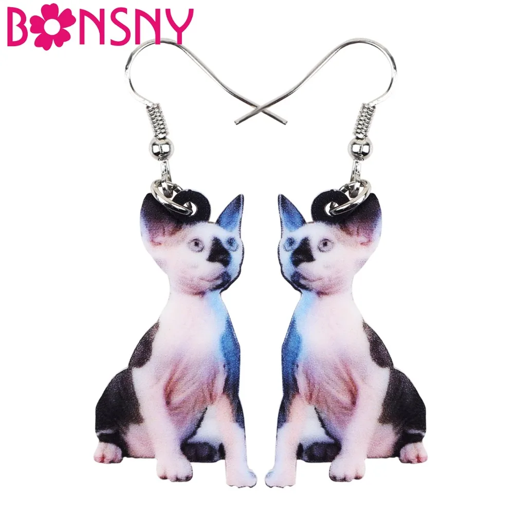 

Bonsny Acrylic Novelty Canadian Hairless Sphynx Cats Earrings Long Dangle Drop Anime Jewelry For Women Girls Ladies Fashion Pets