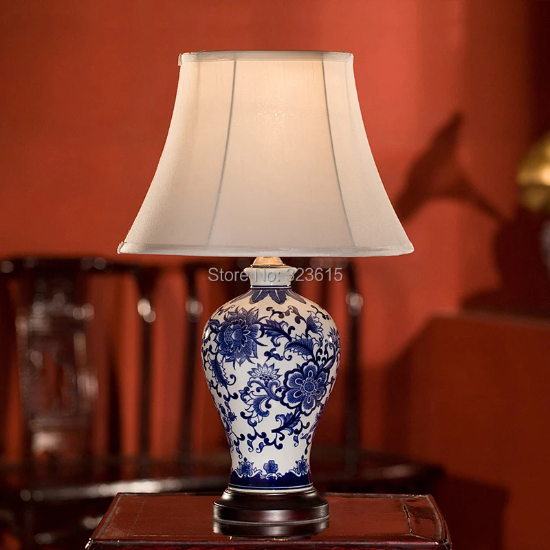 Blue and White Porcelain Vase Table Lamp Cloth Shade Table Lamp