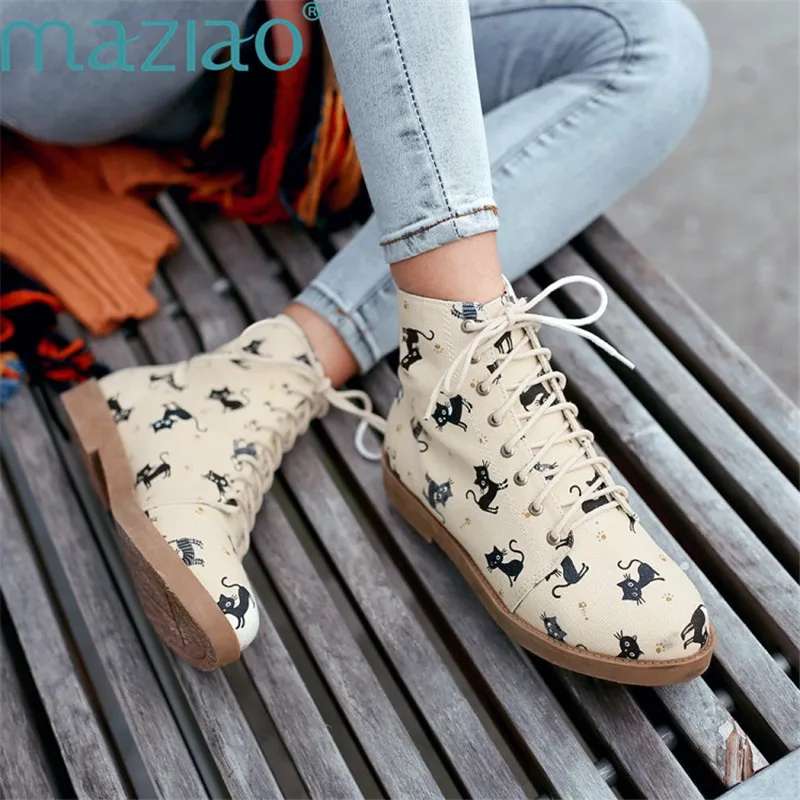 Round Toe Ankle Boots Lace Up Short Cat Pattern Casual Women Snow Boots Low Heels Leisure Fashion Short Boots MAZIAO