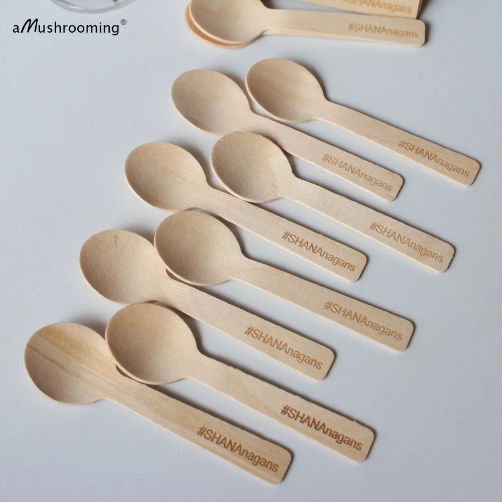 x100 Personalized Mini Round Spoons Engraved Wooden Tableware Dessert Taster Spoons Kids School