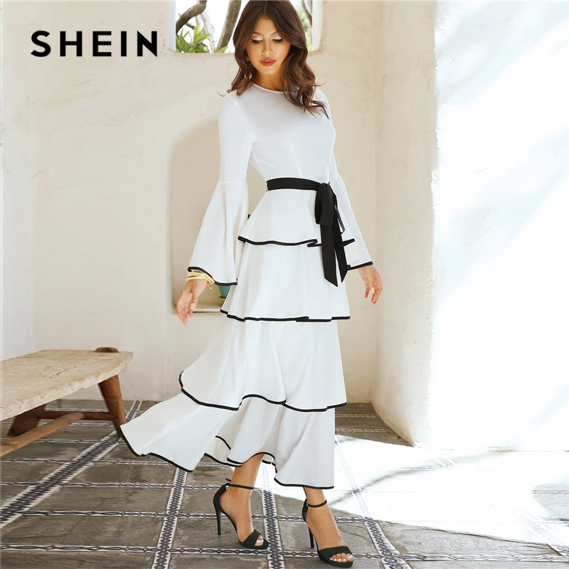 SHEIN أنيقة الأبيض التباين ملزم الطبقات كشكش تنحنح مربوط ماكسي اللباس المرأة الخريف كشكش صالح و مضيئة عالية الخصر فساتين