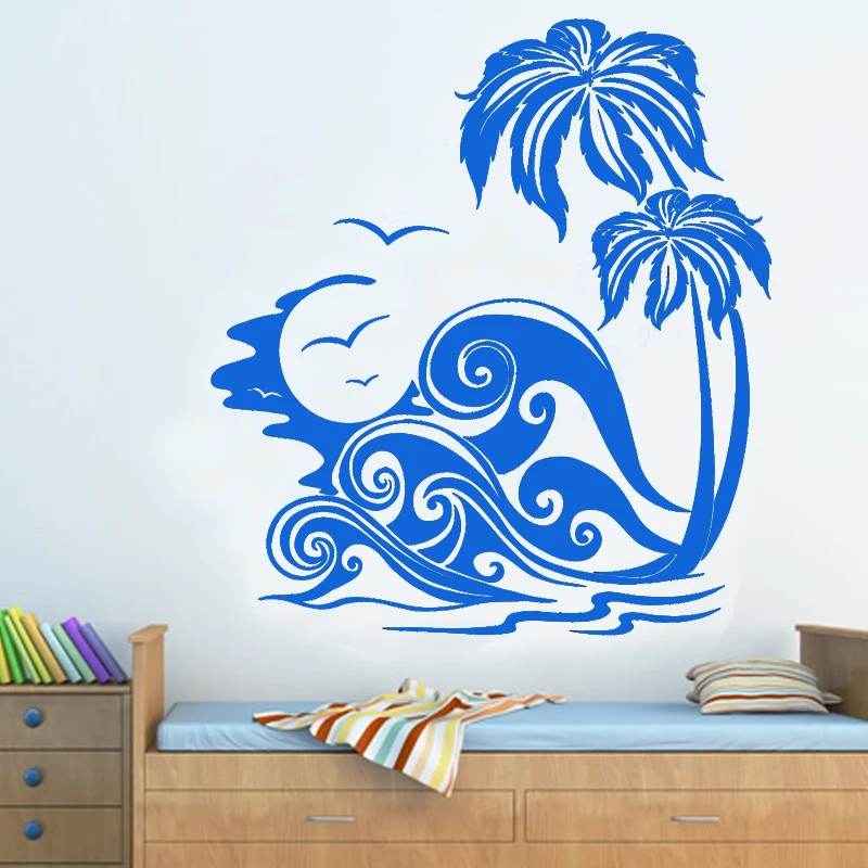 ZOOYOO Sea Waves And Palm Trees Beach Wall Sticker Removable Home Decor Wall Art Murals Living