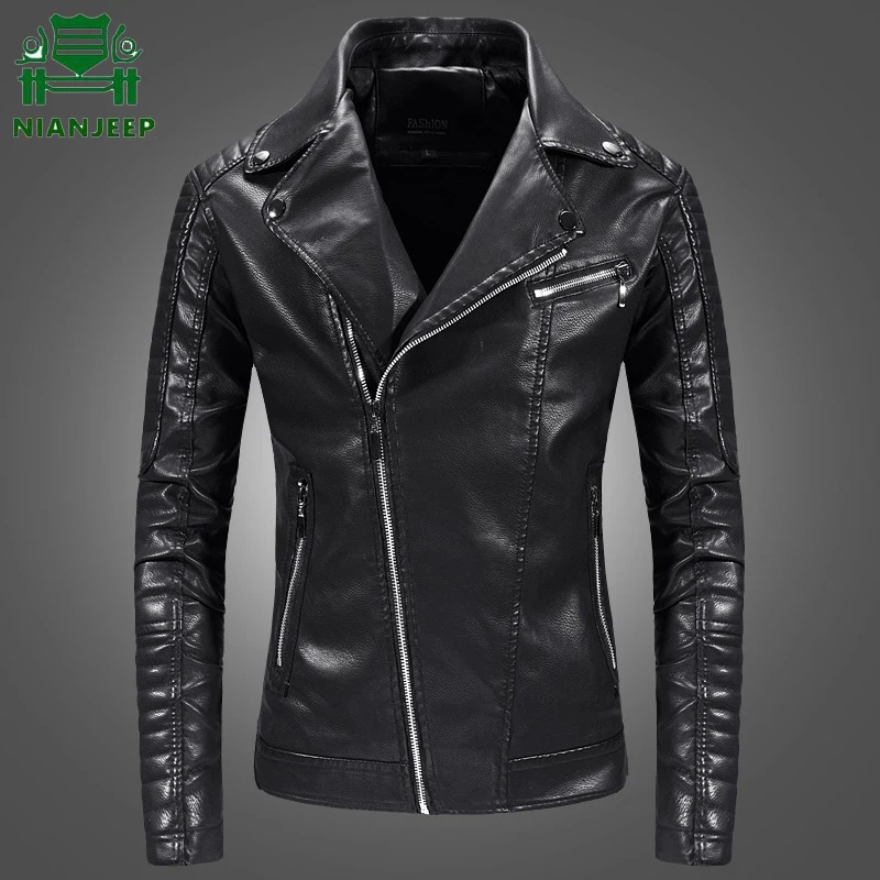 NIANJEEP Brand 2018 Autumn Winter Casual Zipper PU Leather Jacket Motorcycle Leather Jacket Men Slim Fit Mens Jackets And Coats
