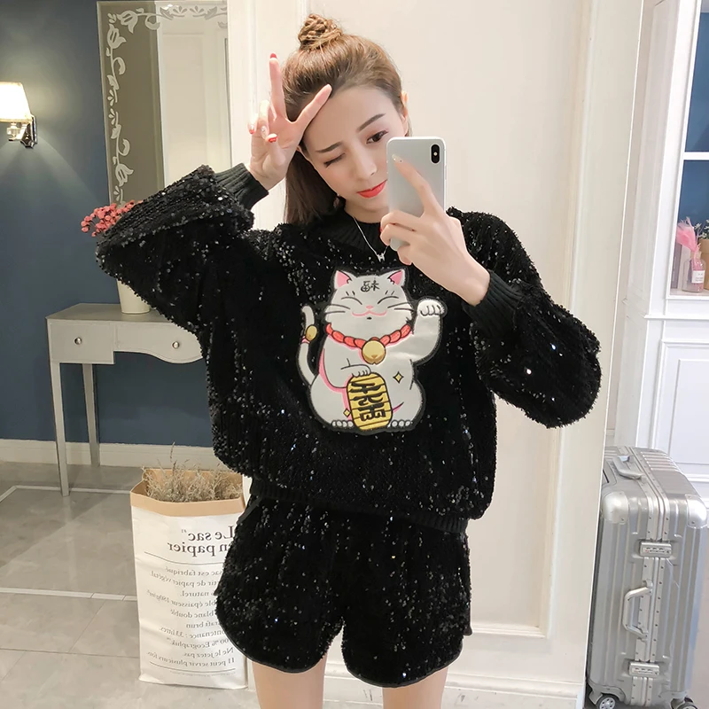 Модные толстовки с изображением из мультфильма Lucky Cat блестками свободные