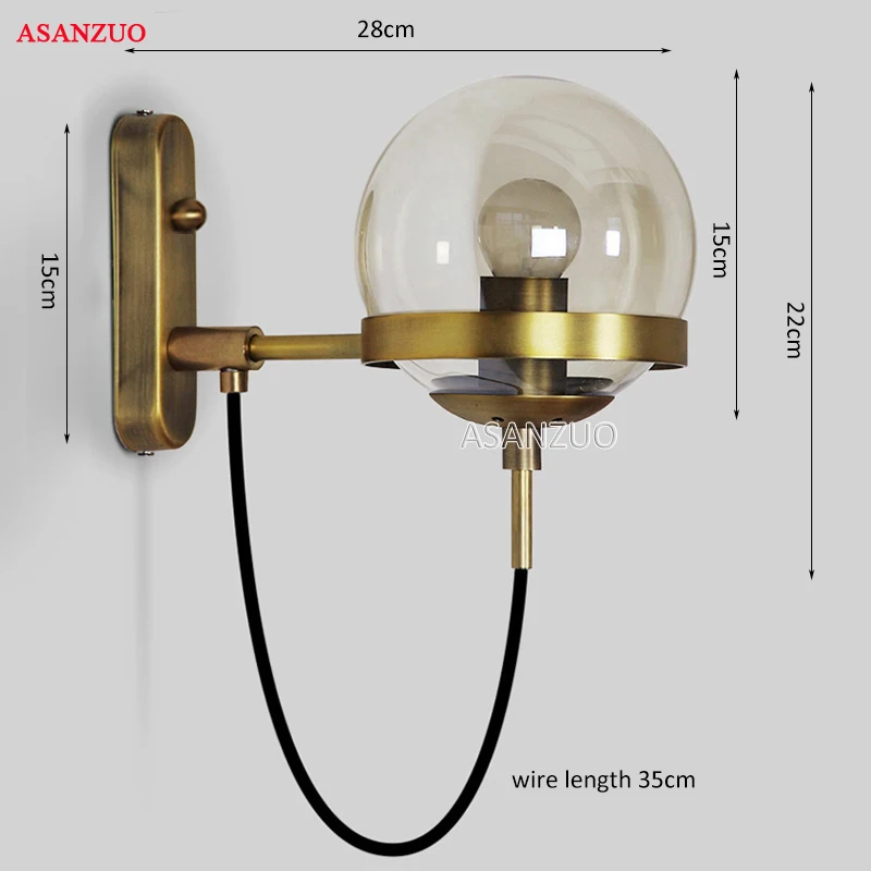 Ретро лампа, современный светодиодный настенный светильник в скандинавском стиле, настенный светильник, стеклянный шар, столовая прикроватная лампа E27, настенный светильник для коридора, кафе