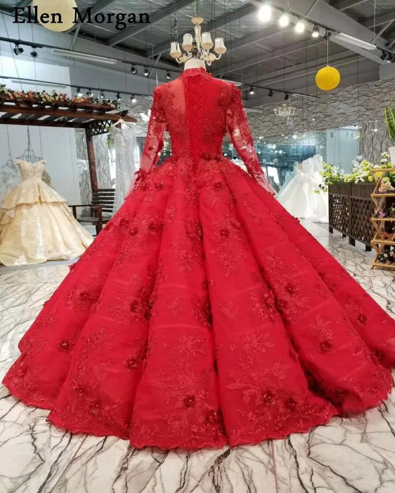 Винтаж Красные кружевные вечерние, свадебные платья 2019 Merry индивидуальный заказ с высокой горловиной одежда с длинным рукавом с цветами