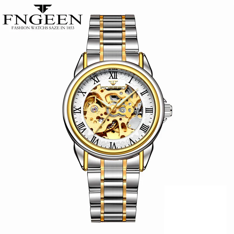 

FNGEEN Women Gold Skeleton Automatic Mechanical Watches Water Resist Luminous Hands Stainless Steel Leather orologio donna clock