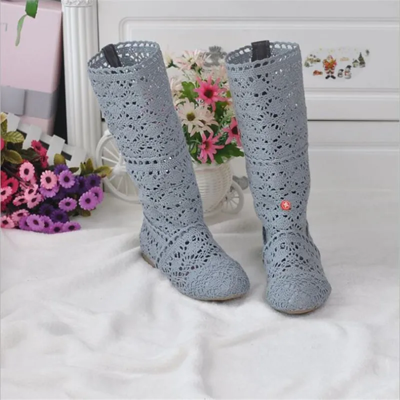 2023 spring and autumn knitted hollow boots flat bottom mesh high / low tube breathable fashion lace boots women's shoes